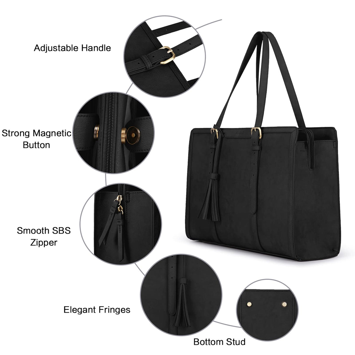 ECOSUSI handle and brass-tone hardware detail for comfortable durable carry