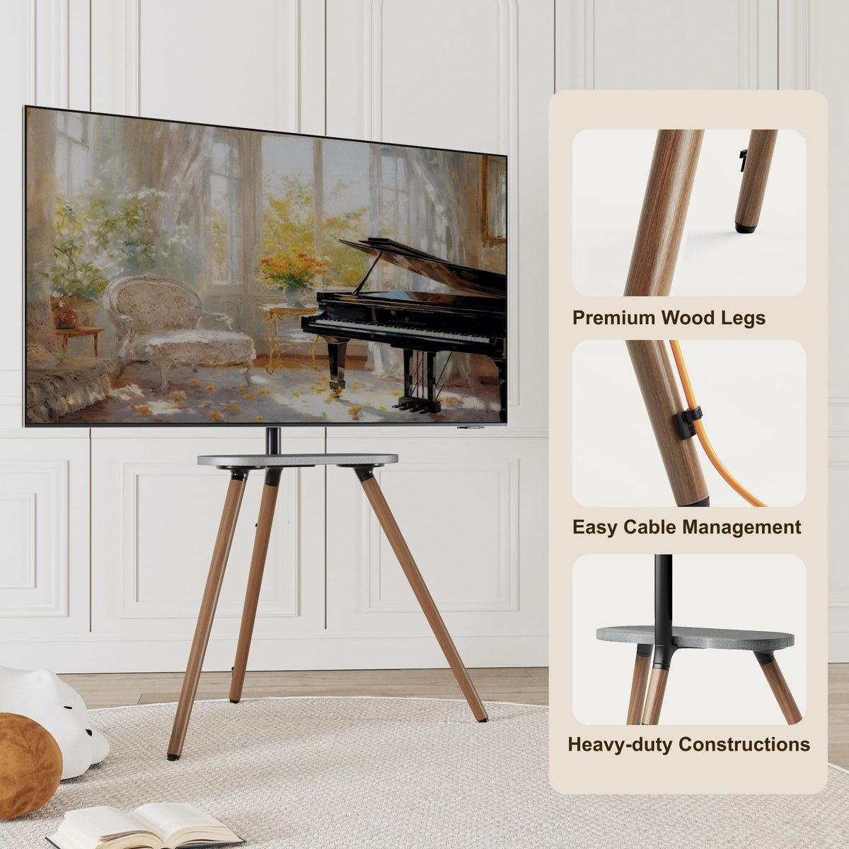 ECOTINY Tripod Easel TV Stand built-in cable management hides wires