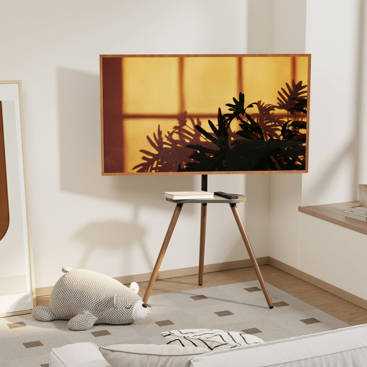 ECOTINY Tripod Easel TV Stand height-adjust feature demonstrated for eye-level viewing