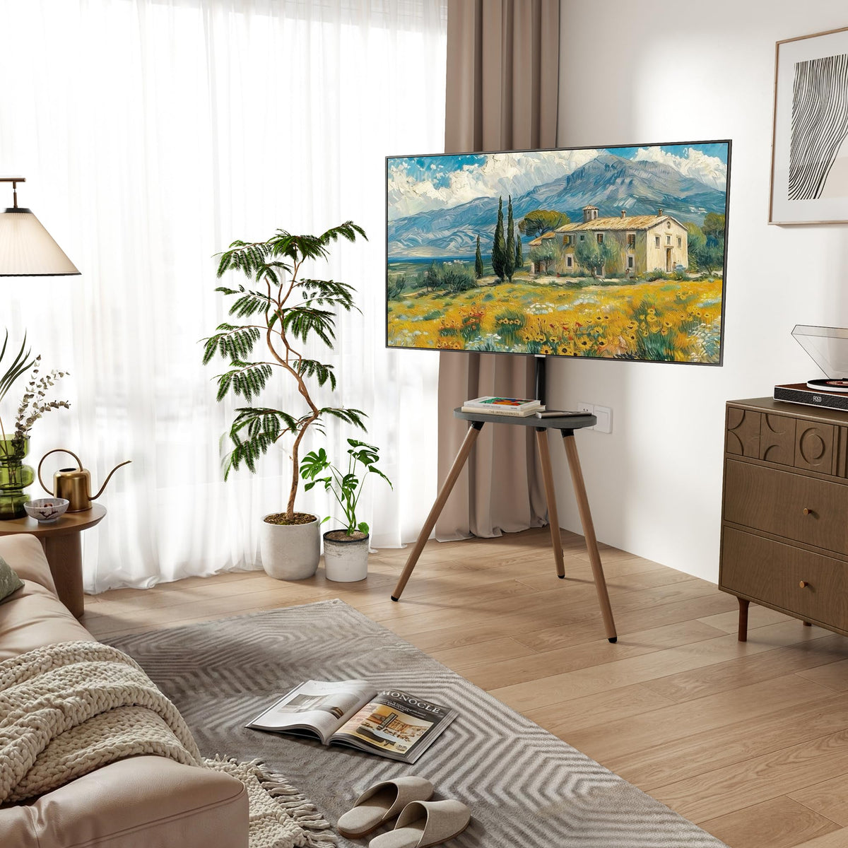 ECOTINY Tripod Easel TV Stand living room look enhances contemporary spaces