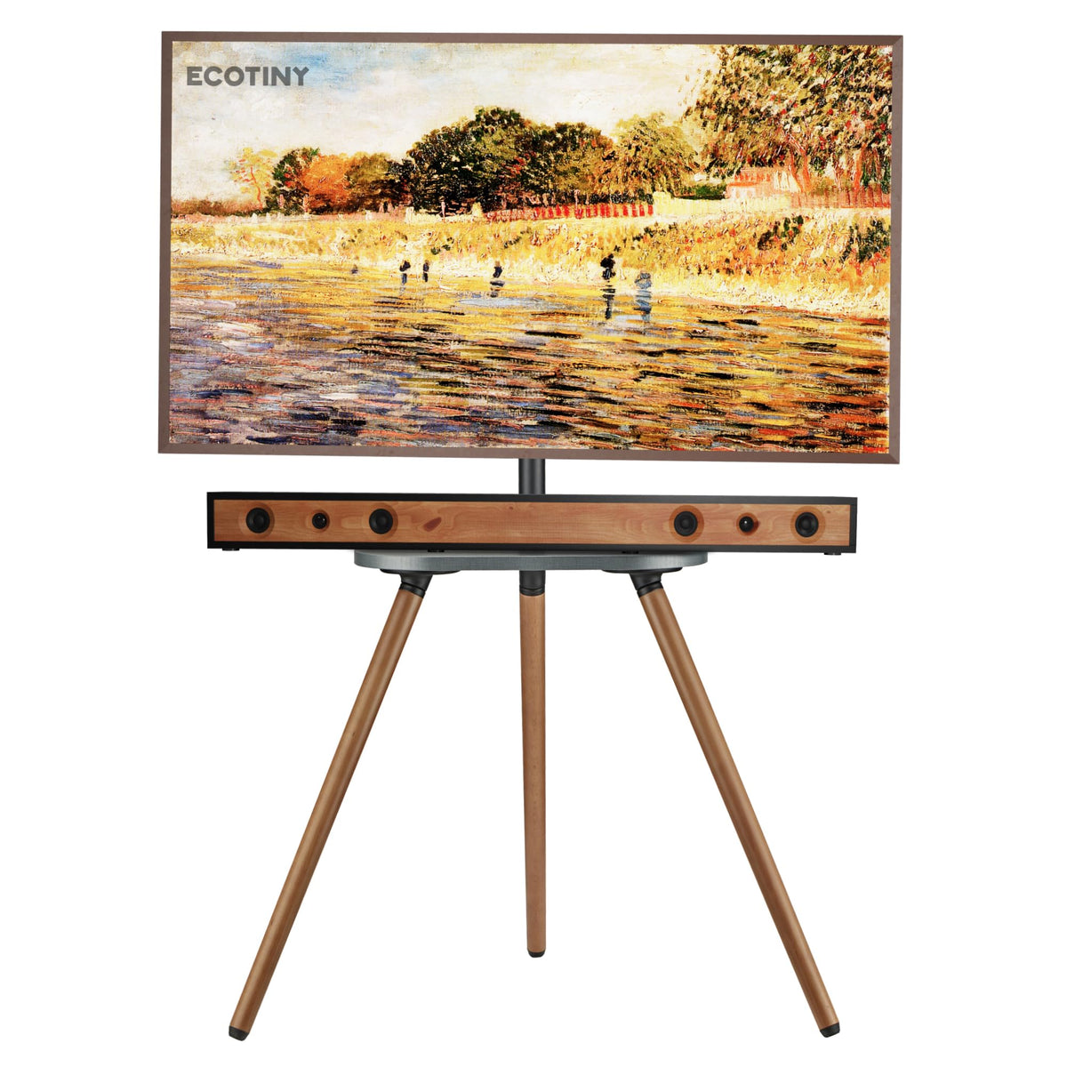 ECOTINY Tripod Easel TV Stand in room setup showing space-saving minimalist design