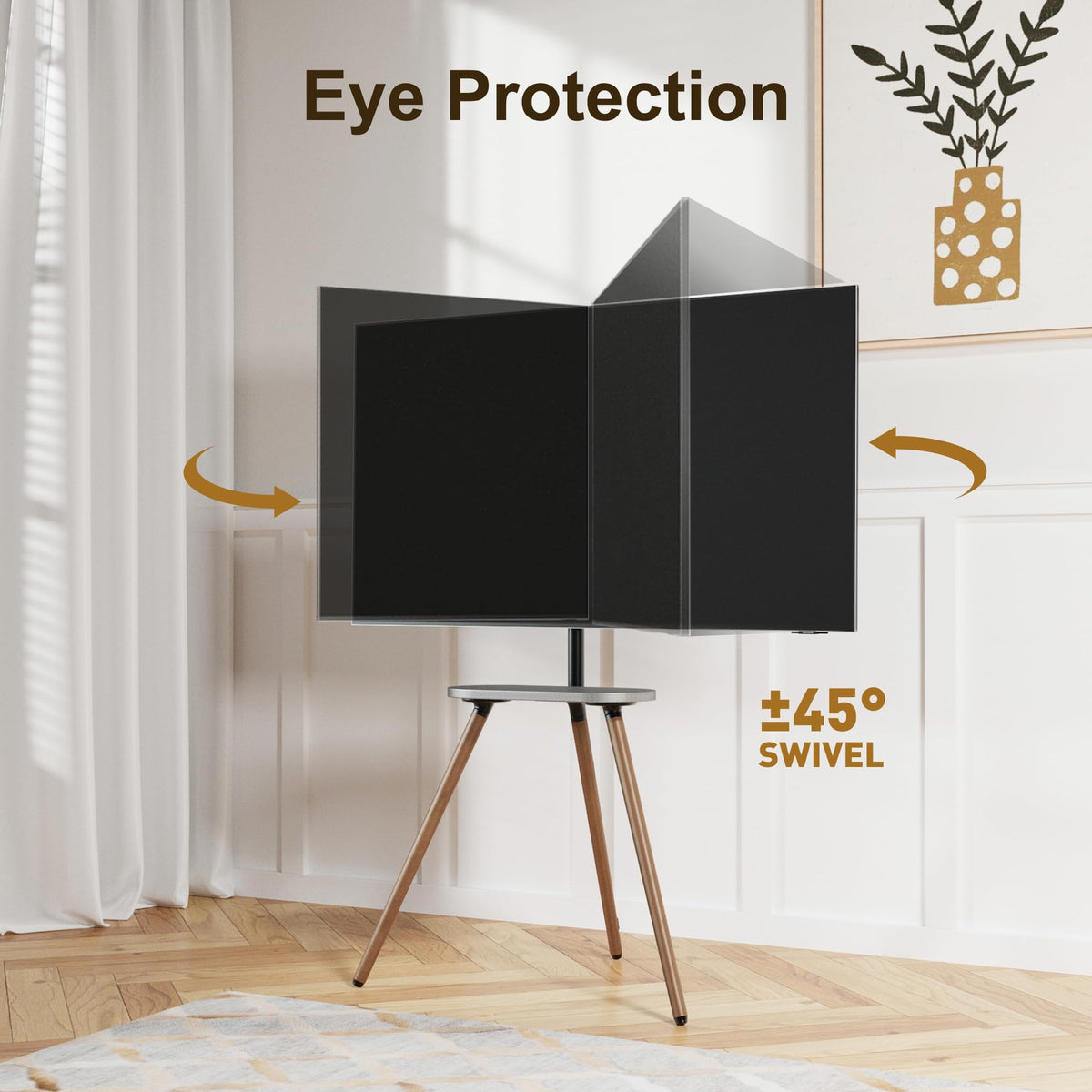 ECOTINY Tripod Easel TV Stand wooden shelf supporting a soundbar neatly