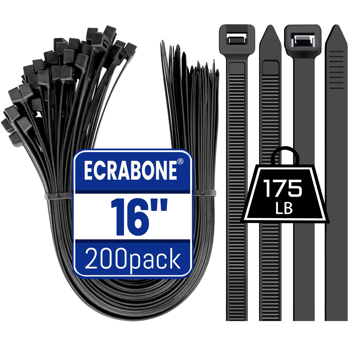 ECRABONE 16-inch zip ties, heavy-duty 200-pack, ideal for organizing cables and bundles.