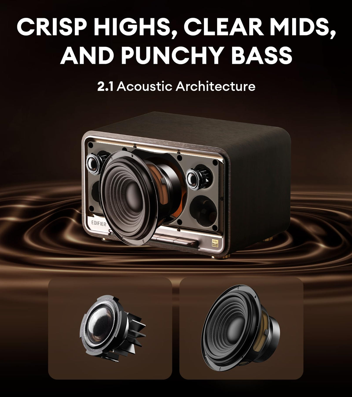Edifier D32 dual tweeters deliver crisp highs for detailed listening.