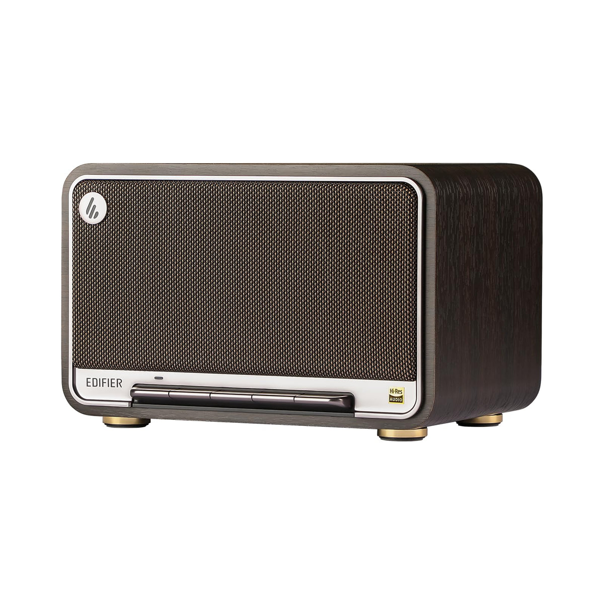 Edifier D32 front view shows compact desk footprint for a tidy workspace.