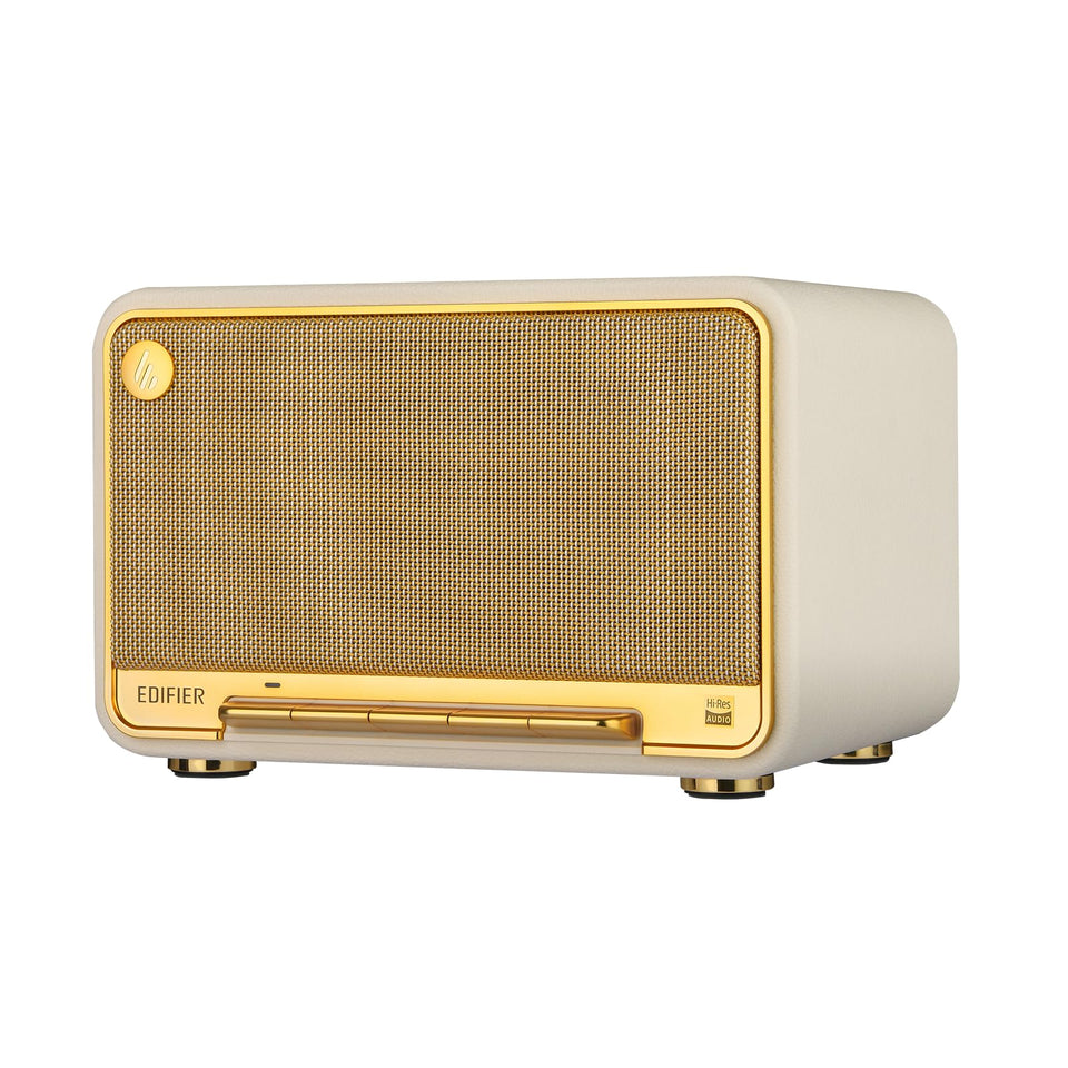 Edifier D32 front view on a desk delivers balanced desktop audio.