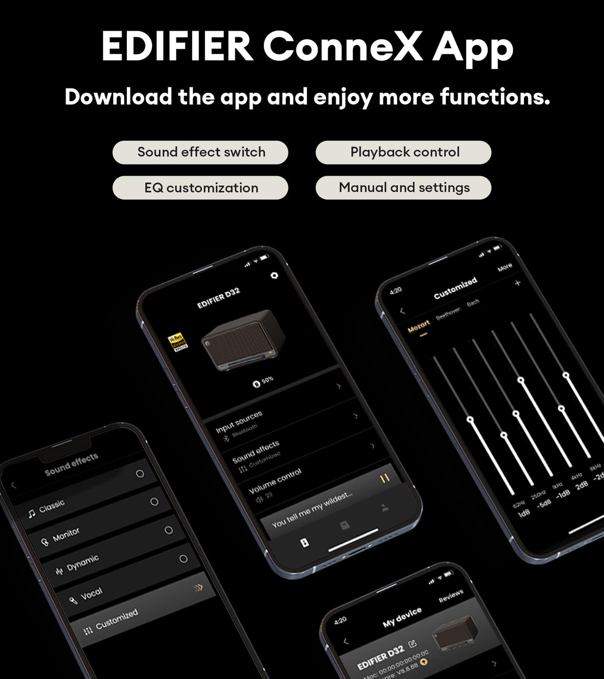 Edifier D32 USB-C and AirPlay2 ports support versatile connections.