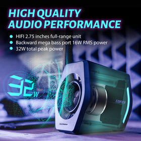 Edifier G2000 driver closeup highlights full-range units and bass potential.