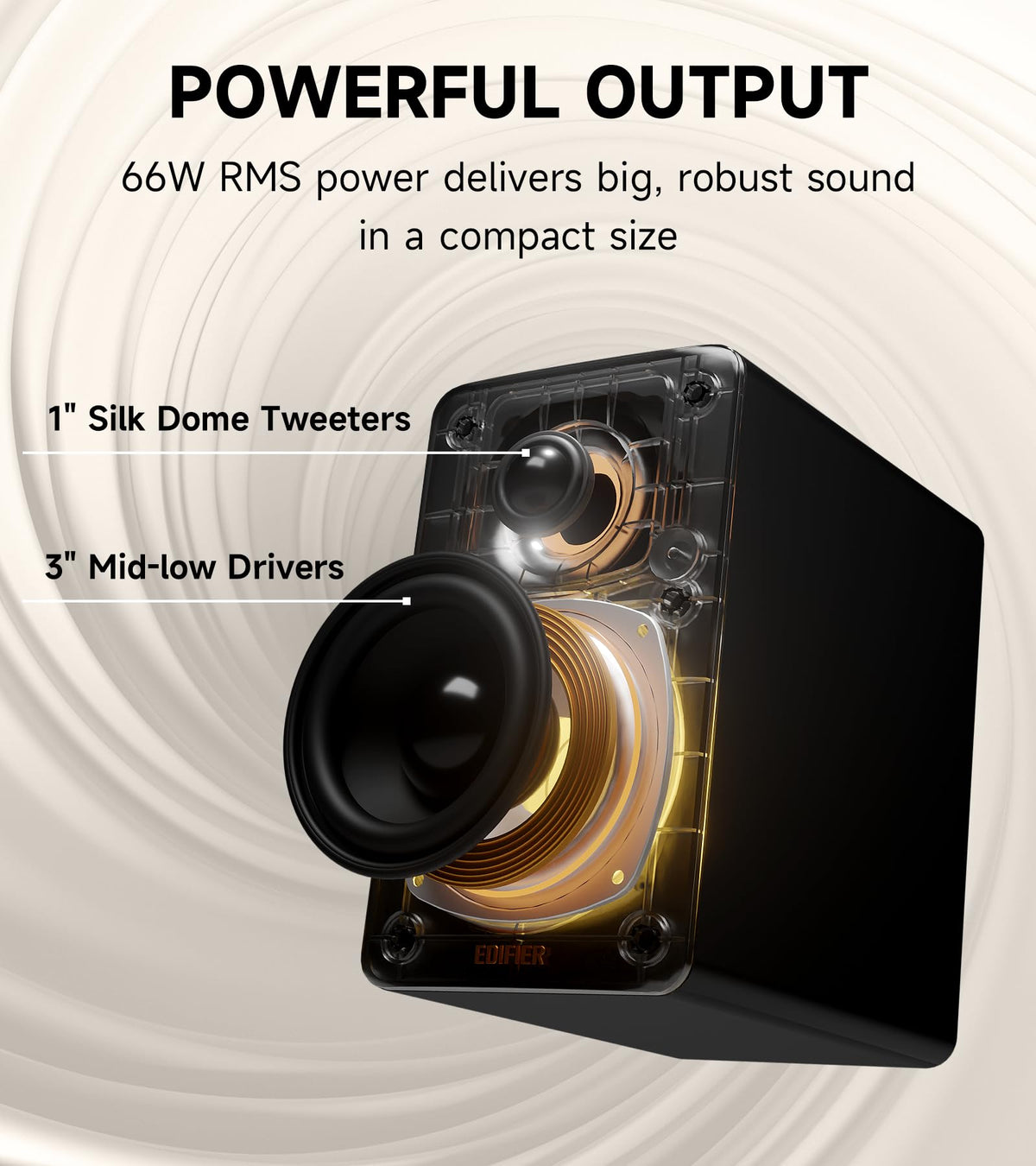 Edifier M60 1-inch silk-dome tweeters deliver crisp highs.