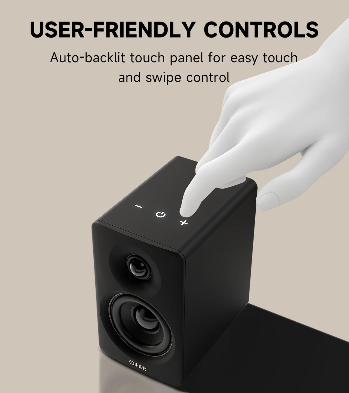 Edifier M60 cap-sensitive touch panel with auto backlight.
