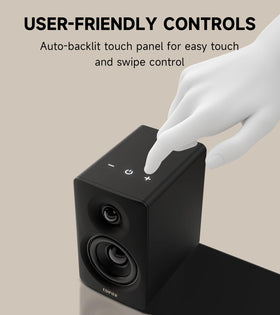 Edifier M60 cap-sensitive touch panel with auto backlight.