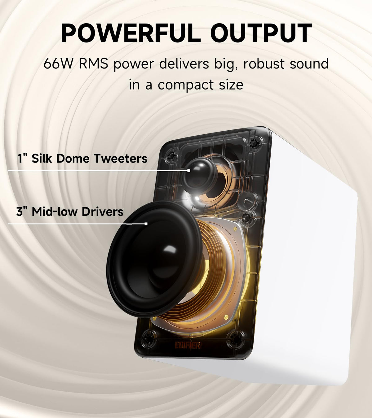Edifier M60 mid-low and tweeter deliver balanced highs and mids.