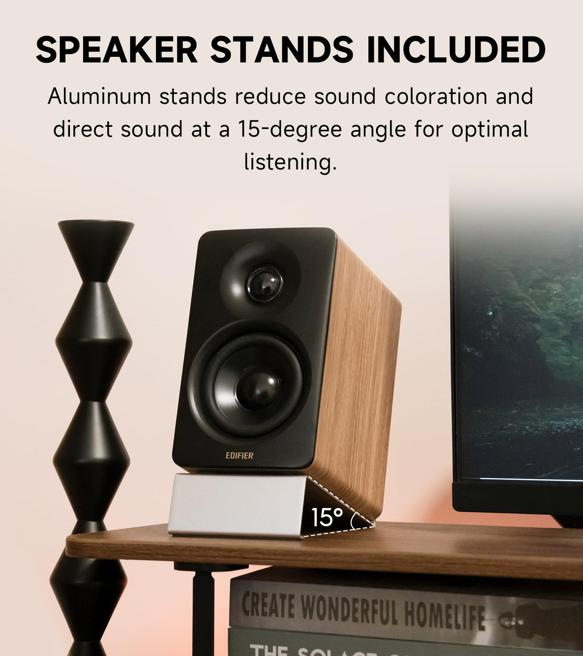 Edifier M60 Renewed classic oak finish adds warm aesthetics