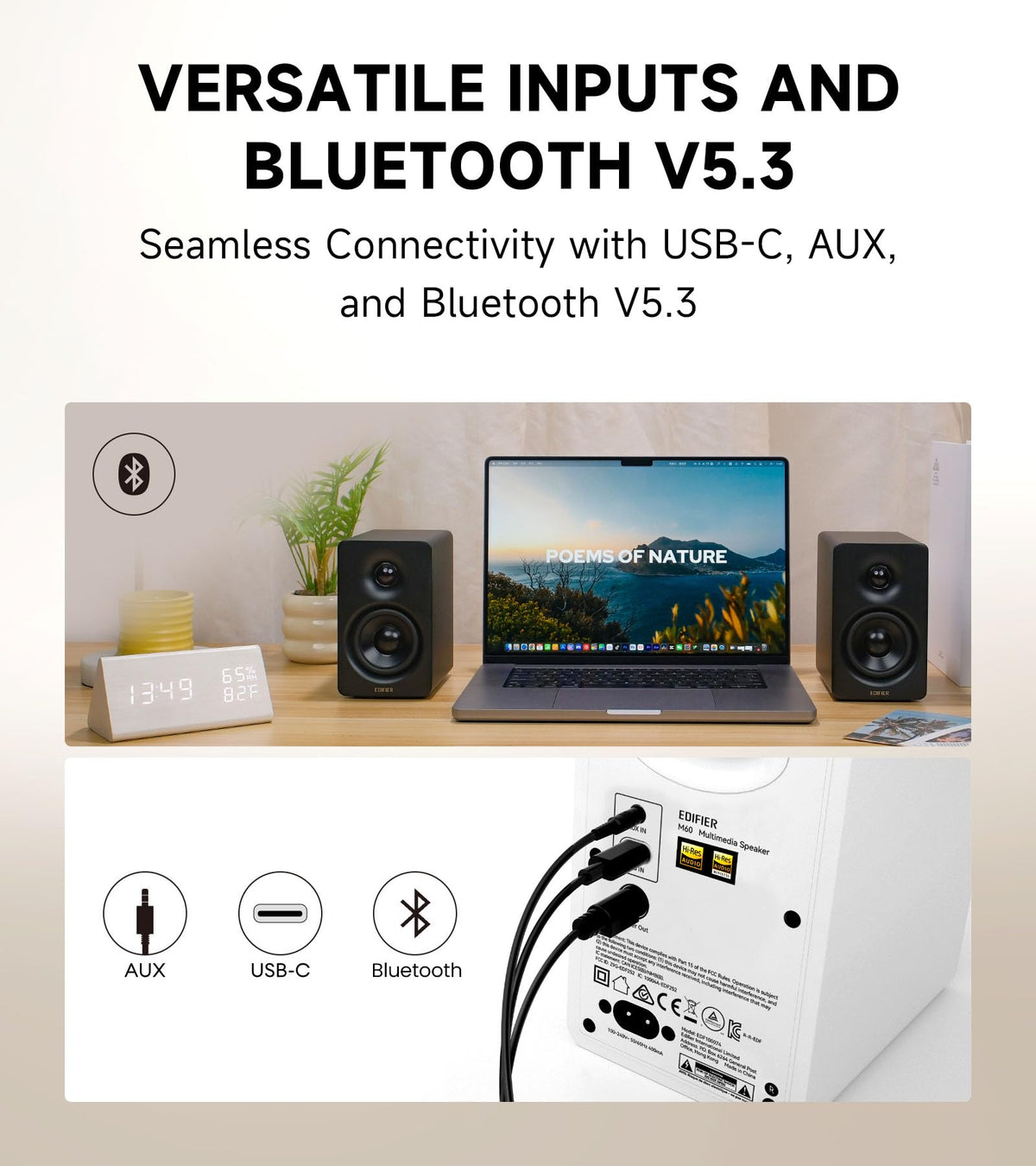 Edifier M60 USB-C and AUX inputs for versatile wired connections.