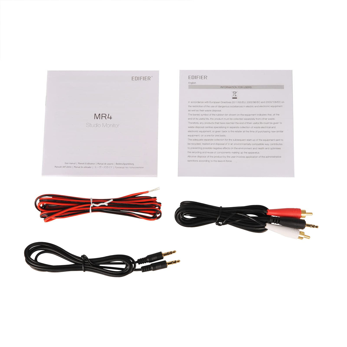 Edifier MR4 cabling and ports illustrate quick connections via TRS, RCA, and AUX.