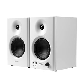 Edifier MR4 front view shows compact studio monitors ideal for accurate desktop listening.