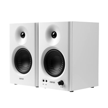 Edifier MR4 front view shows compact studio monitors ideal for accurate desktop listening.