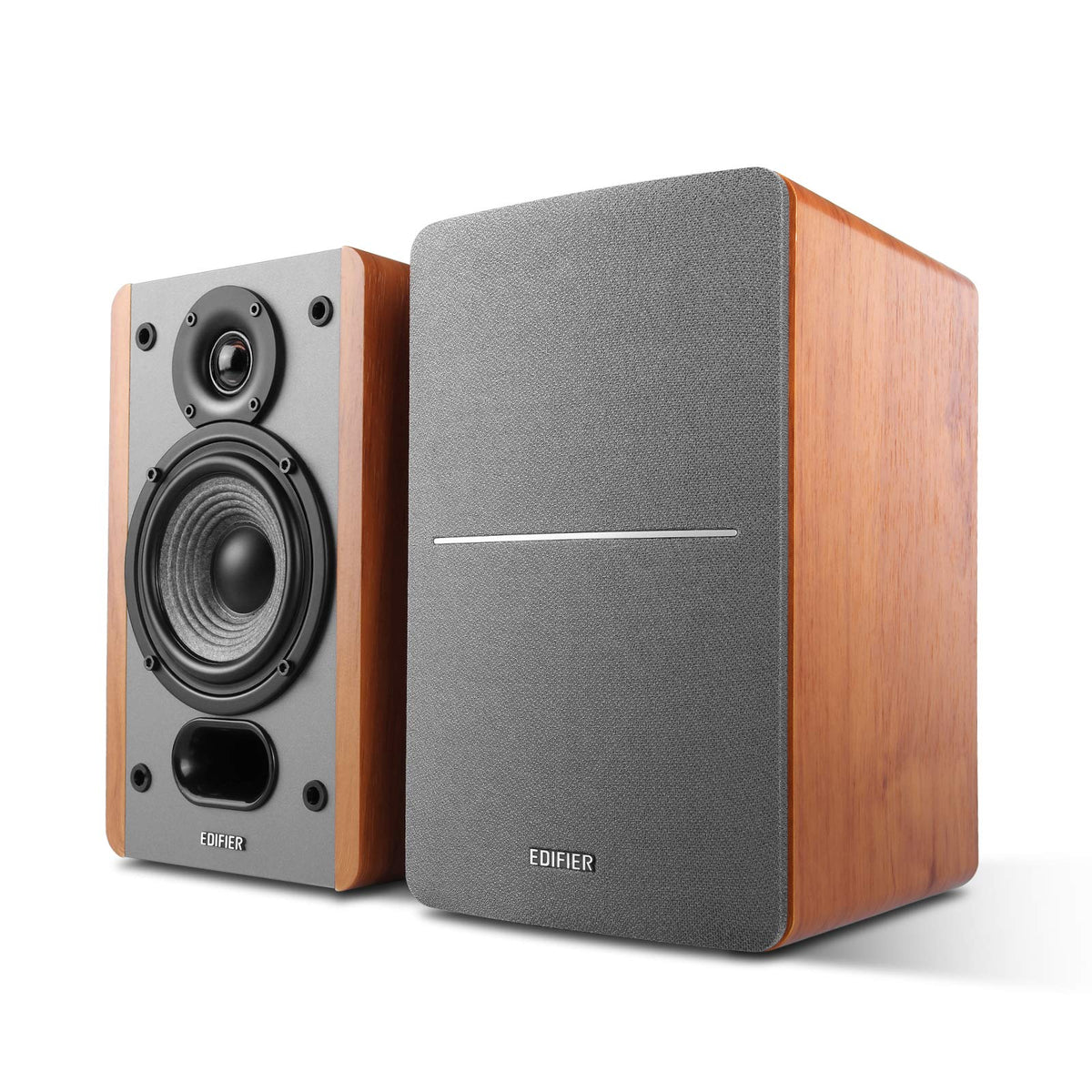Edifier P12 passive bookshelf front view in wood finish for compact home listening.