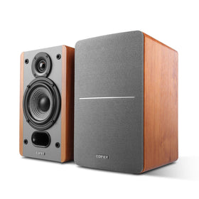 Edifier P12 passive bookshelf front view in wood finish for compact home listening.