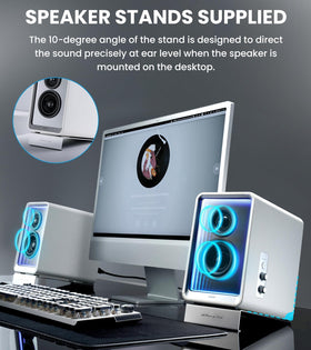 Edifier QR65 speaker stands improve listening angle and reduce desk reflections.