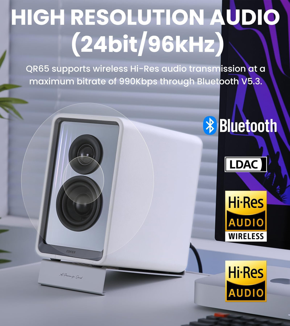Edifier QR65 tweeter detail emphasizing crisp high frequencies and detailed imaging.