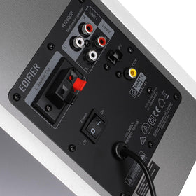 Edifier R1280DB rear ports with optical input for flexible connections.