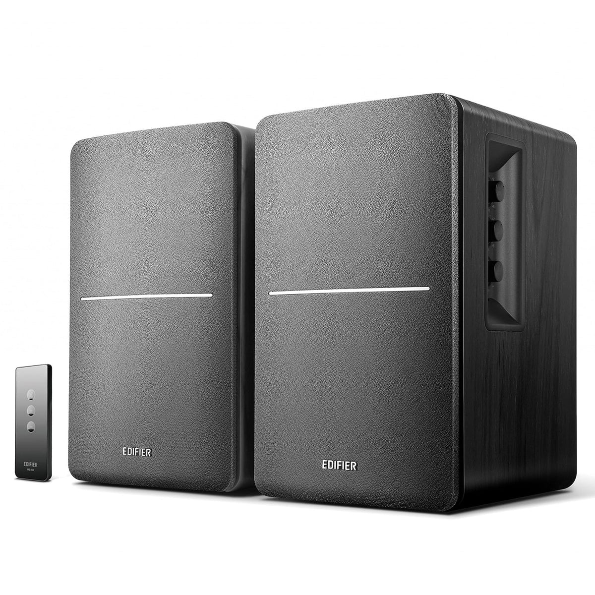 Edifier R1280T wood finish cabinet complements decor while delivering clear desktop audio.
