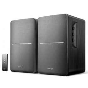 Edifier R1280T wood finish cabinet complements decor while delivering clear desktop audio.