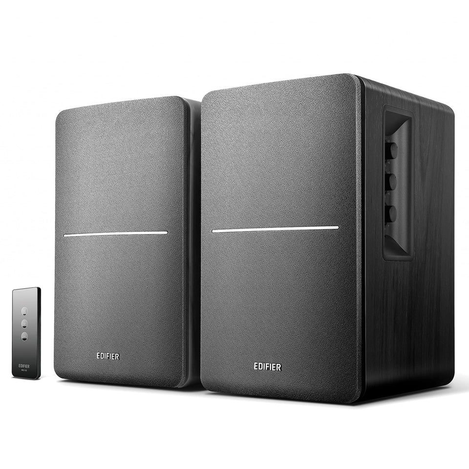Edifier R1280T wood finish cabinet complements decor while delivering clear desktop audio.