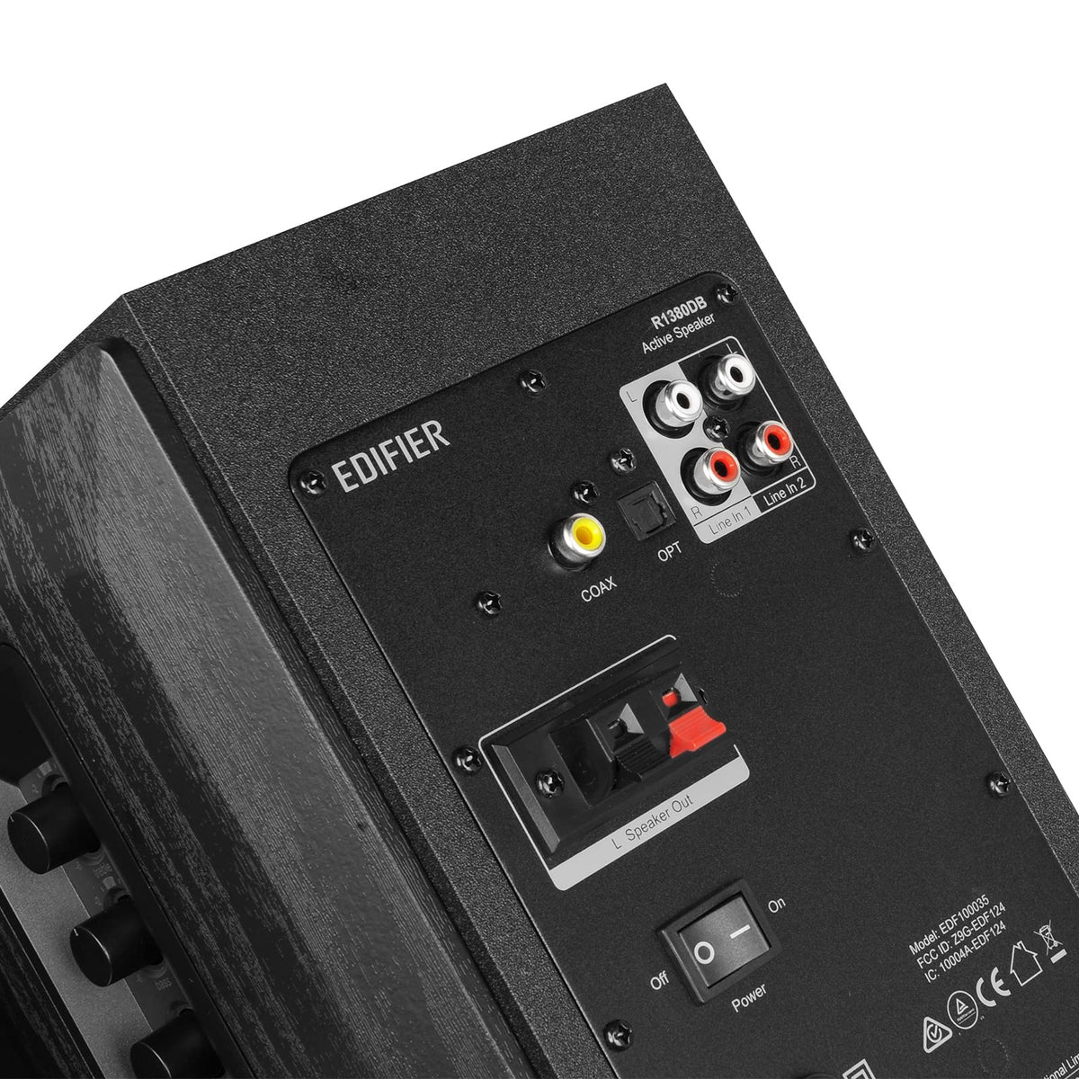 Edifier R1380DB coaxial input offering stable digital audio from devices.