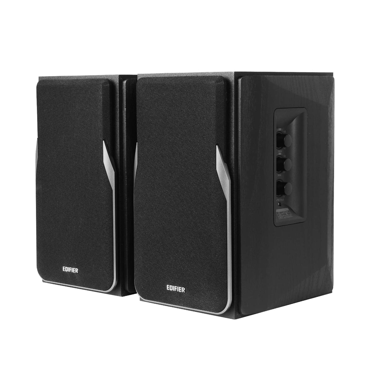 Edifier R1380DB front panel with controls for easy setup and input selection.