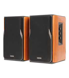 Edifier R1380T front view showing brown cabinets and clean stereo imaging benefit