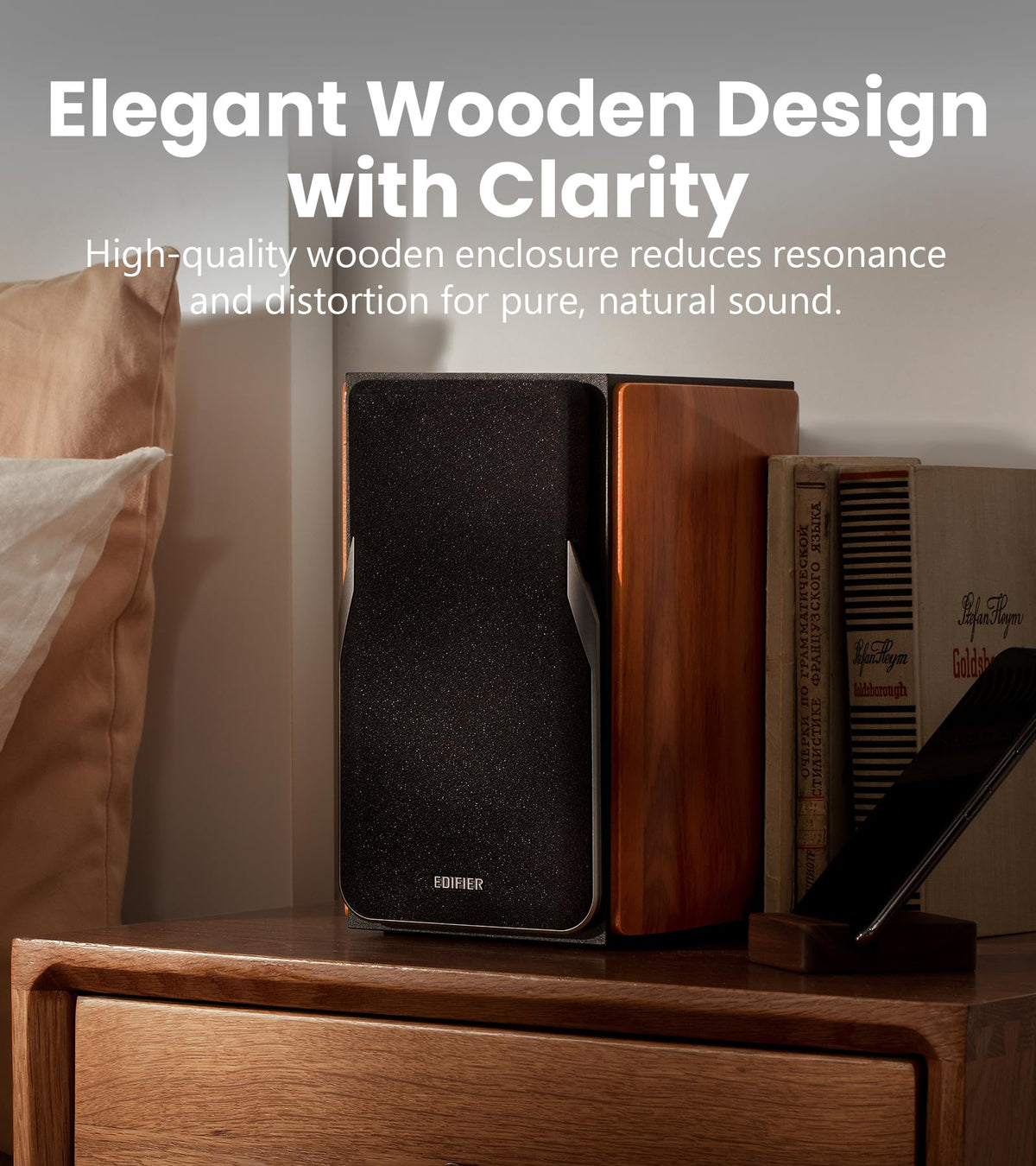 Edifier R1380T in use on desk setup showing near-field listening benefit