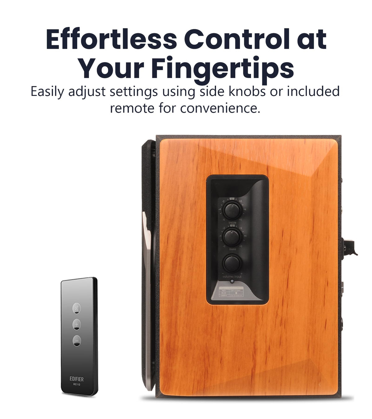 Edifier R1380T remote control and setup showing convenient remote adjustments