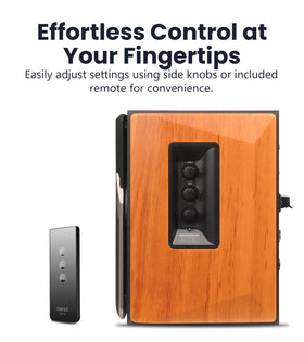 Edifier R1380T remote control and setup showing convenient remote adjustments