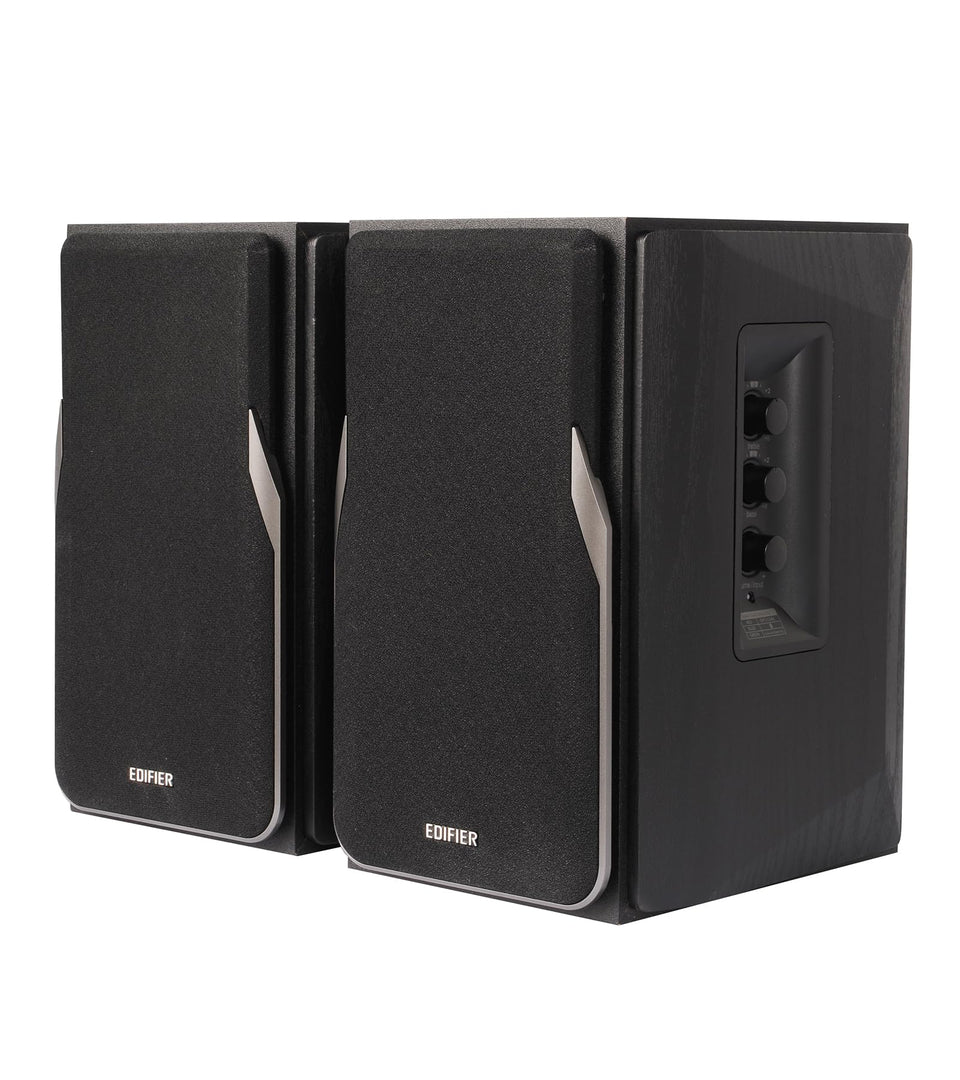 Edifier R1380T side panel controls for easy sound tuning at your desk