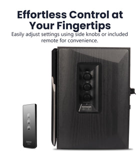 Edifier R1380T two-point-zero stereo near-field monitors on a desk setup