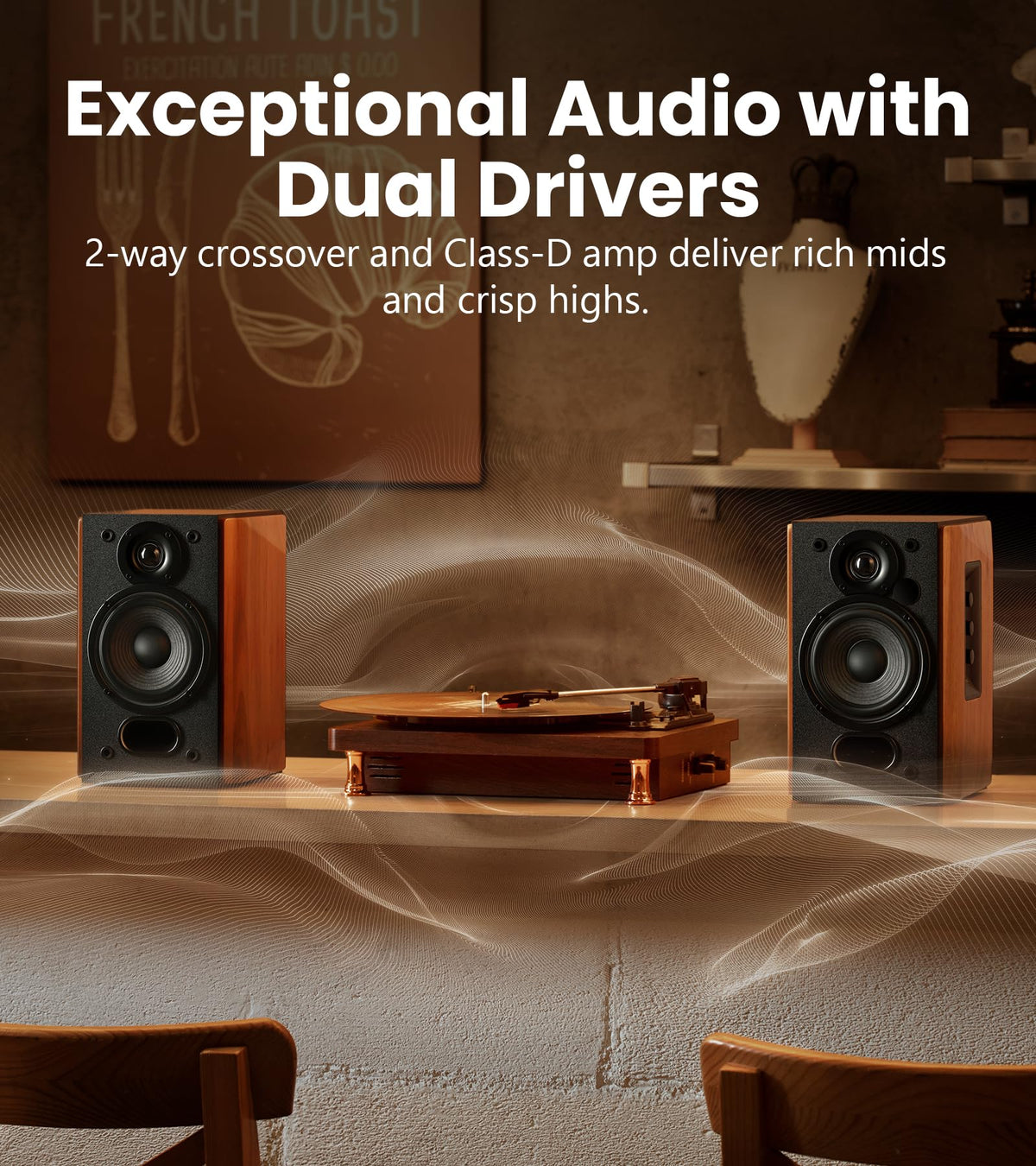 Edifier R1380T woofer and tweeter detail showing driver design for clearer highs