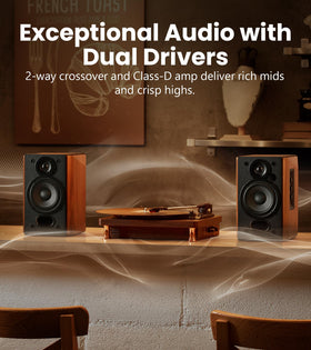 Edifier R1380T woofer and tweeter detail showing driver design for clearer highs