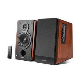 Edifier R1700BT front view with walnut finish enhances living room aesthetics