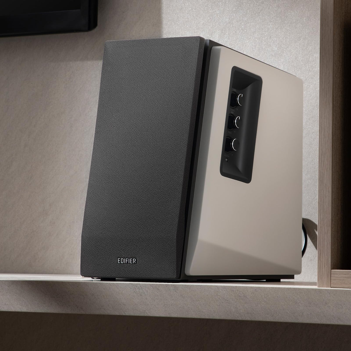 Edifier R1700BT in a compact desk setup for near-field listening.