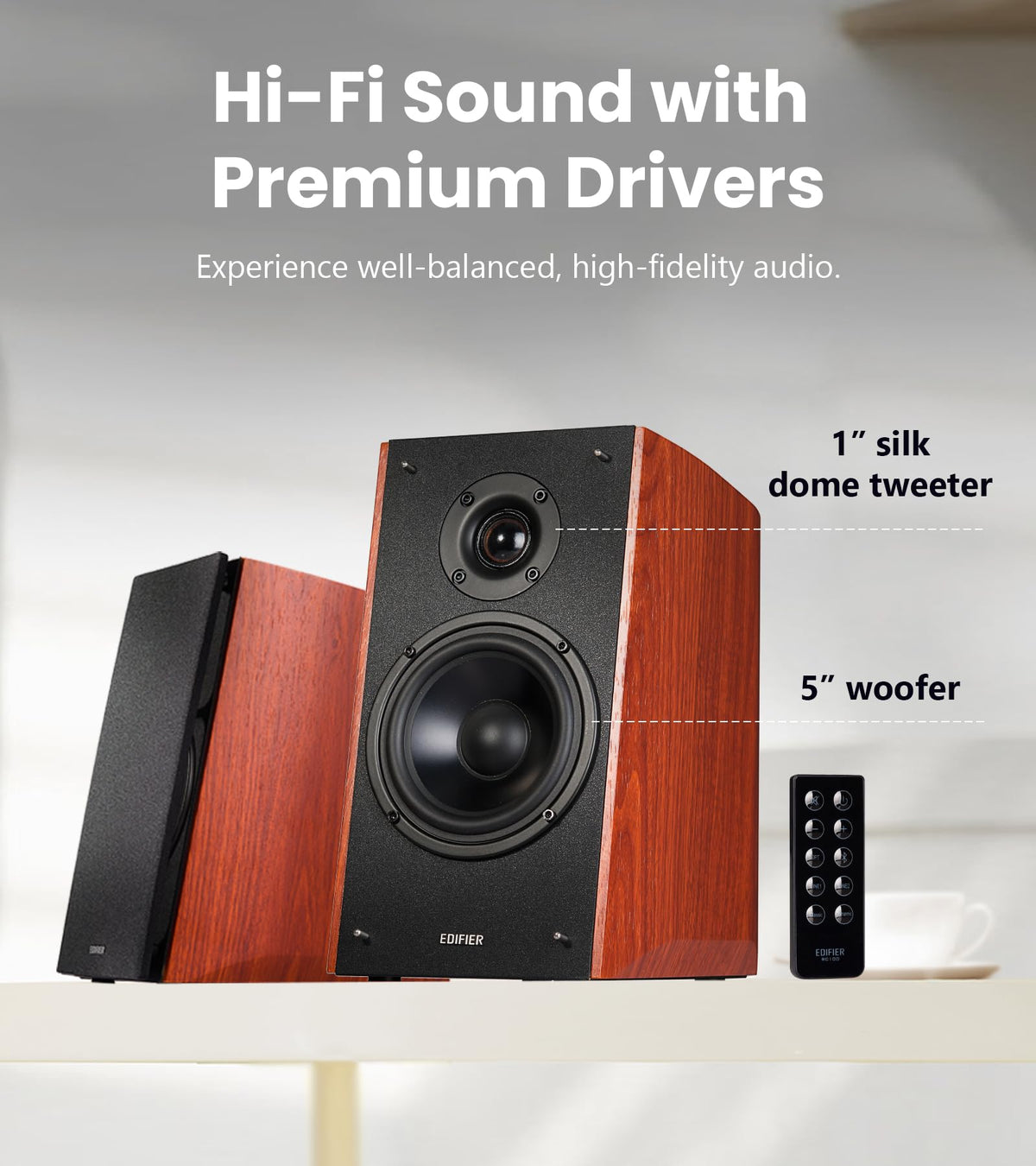 Edifier R2000DB wood speaker back panel with ports and connections for easy setup