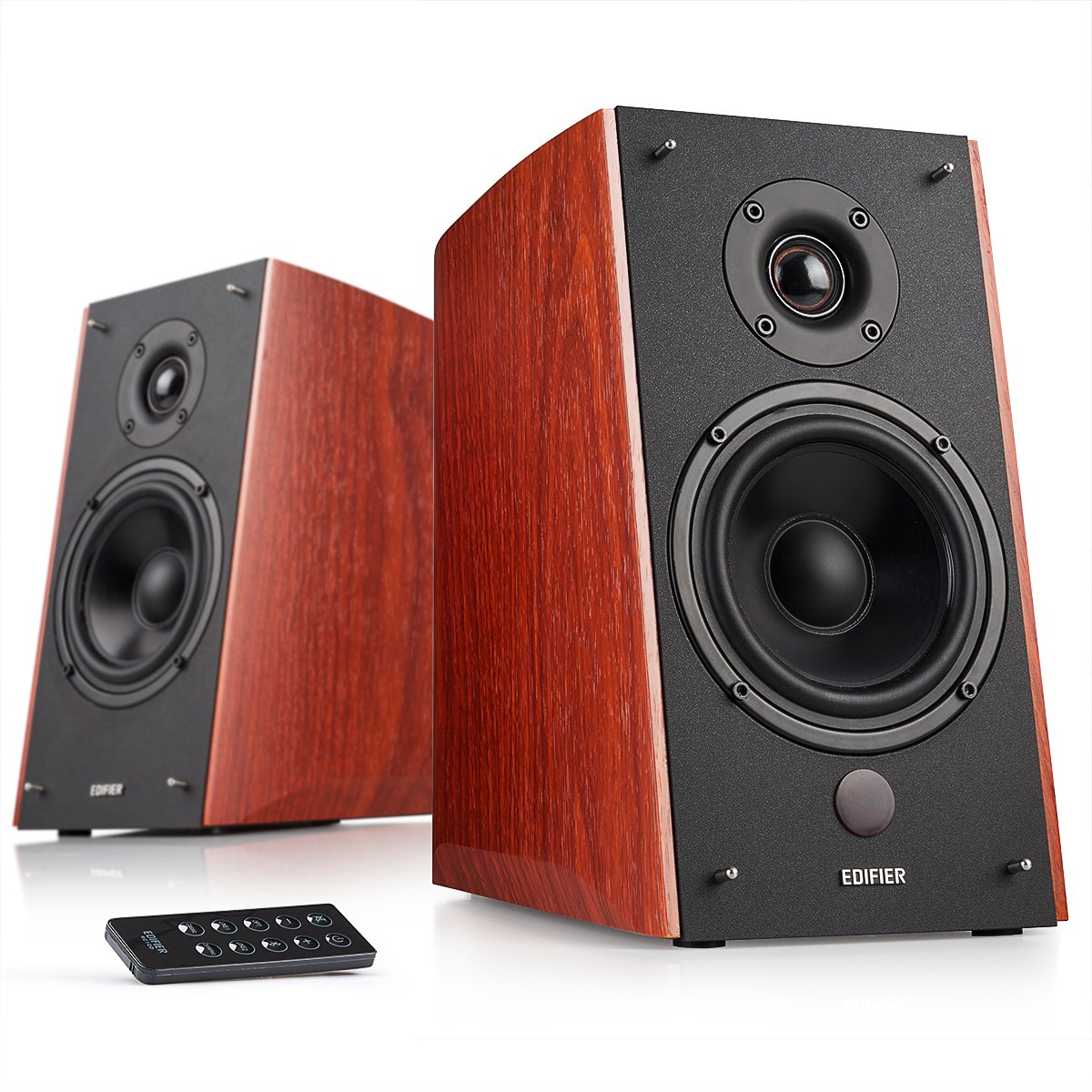 Edifier R2000DB wood speaker front view, showcasing premium cabinet for rich, balanced sound
