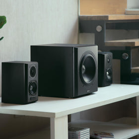 Edifier S351DB supports multiple inputs for PC, AUX, optical, and coaxial connections.