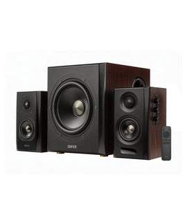 Edifier S355DB front panel controls for quick volume and input adjustments.