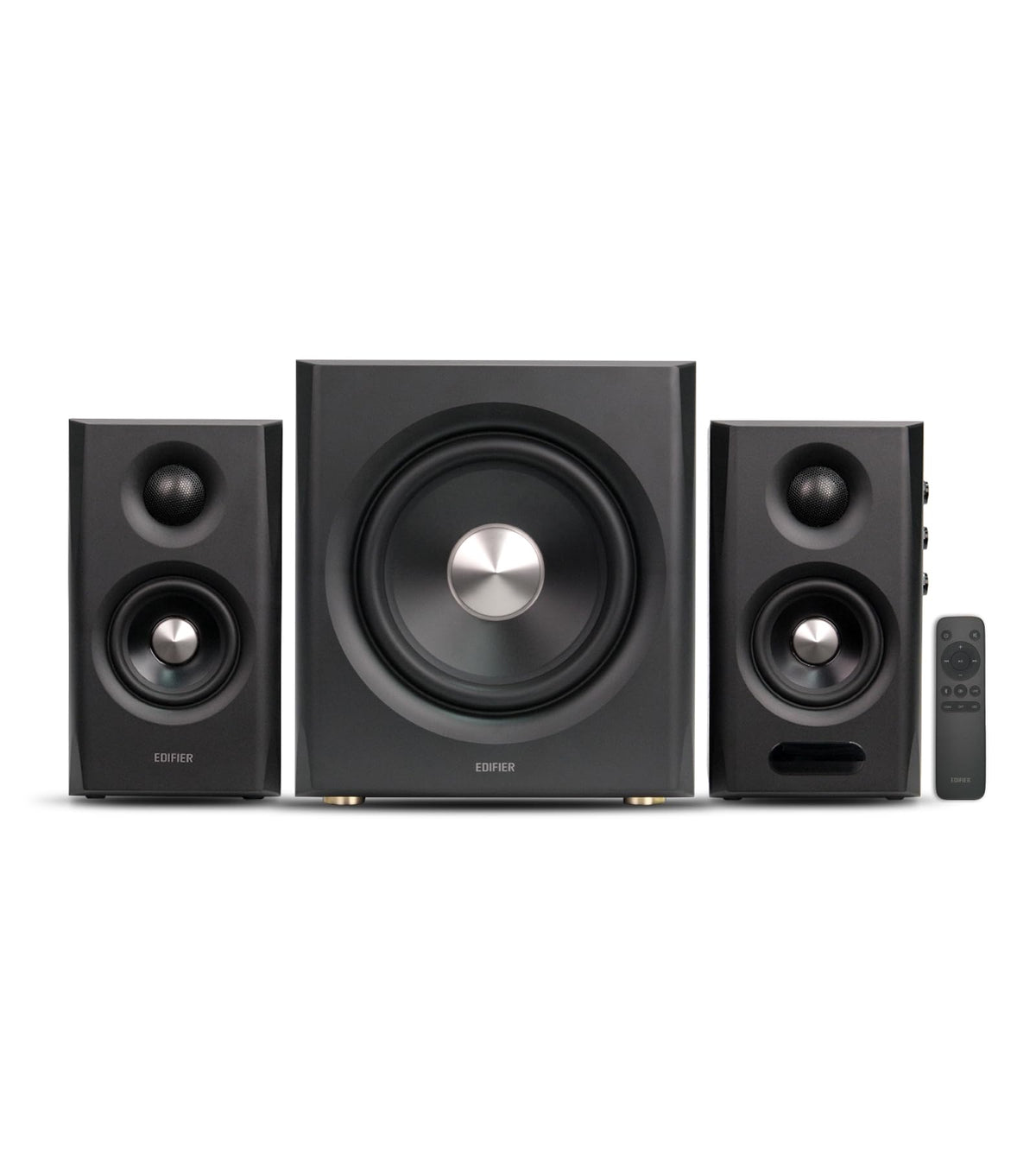 Edifier S355DB front view highlighting compact 2.1 system for desks and TVs.