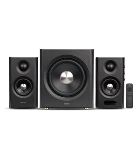 Edifier S355DB front view highlighting compact 2.1 system for desks and TVs.