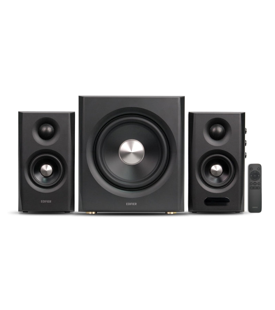 Edifier S355DB front view highlighting compact 2.1 system for desks and TVs.