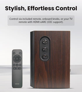 Edifier S355DB remote control for convenient on-hand adjustments.