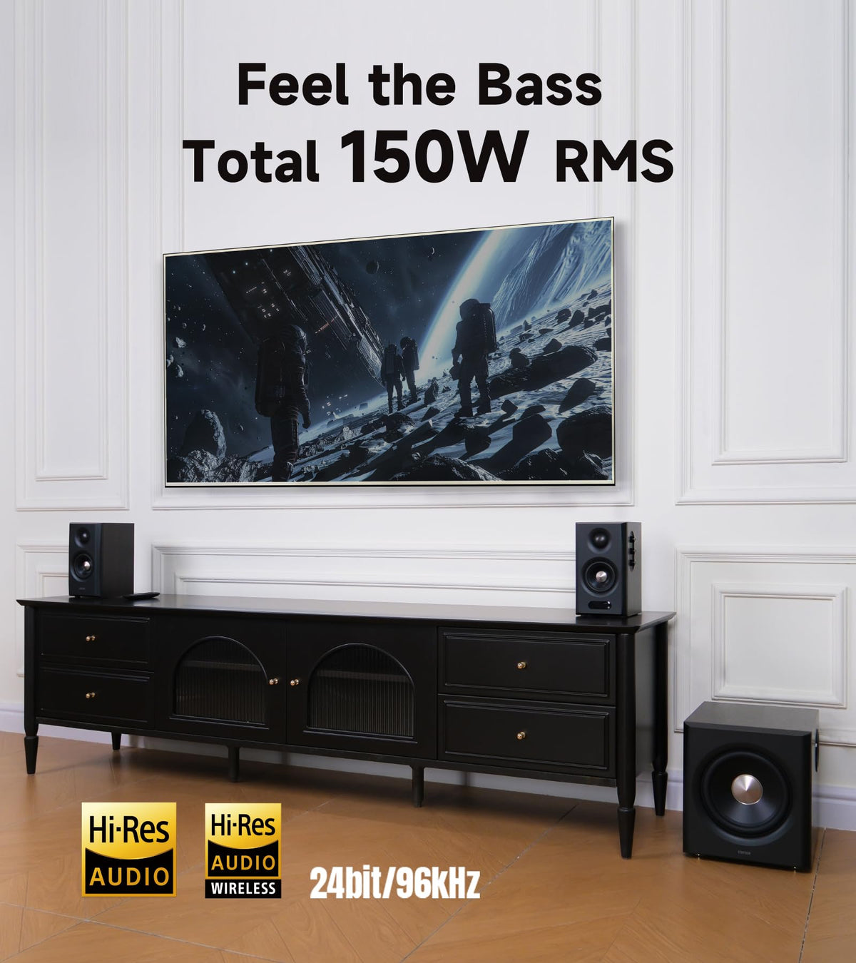Edifier S355DB 8-inch wireless subwoofer detail for deep, wireless bass.